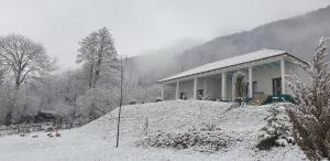 ein Haus auf einem schneebedeckten Hügel in der Unterkunft Cristelyn Residence in Predeluţ