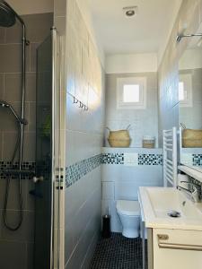 a bathroom with a shower and a toilet and a sink at Villa Lutèce - Casadibastia - Vue mer in Bastia +28 photos
