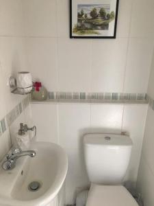 uma casa de banho branca com um WC e um lavatório em Private, homely, 1 bedroom apartment SW London. em Hanworth