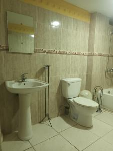ein Badezimmer mit einem Waschbecken, einem WC und einem Spiegel in der Unterkunft Alojamiento Cabello de Angel in Santo Domingo