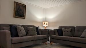 salon z 2 brązowymi kanapami i lampą w obiekcie Historic character cottage in central Dornoch w mieście Dornoch