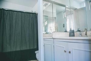 ein Badezimmer mit einem grünen Duschvorhang und einem WC in der Unterkunft Amplio departamento en Mitre 565 in Mendoza