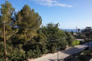a view of a road with trees and the ocean at Chalet Font de Sa Cala in Font de Sa Cala