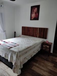 Bett in einem Zimmer mit einem Bild an der Wand in der Unterkunft Sitio alice e flora in Itapevy