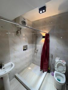 y baño con ducha, aseo y lavamanos. en Luxury 2 Bedroom Apartment in the Heart of WUSE 2, WIFI,NETFLIX, 24hrs Light en Abuja