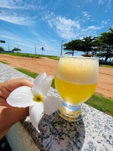 un bicchiere di birra e un fiore bianco su un tavolo di Pousada Sol & Mar a Serra