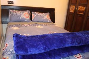阿尤恩的住宿－Saffana Sahara Stay，床上有蓝色毯子