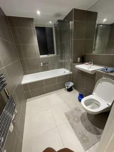 La salle de bains est pourvue de toilettes, d'une douche et d'un lavabo. dans l'établissement Bright two bedrooms apartment, à Londres