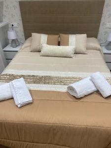 2 camas con toallas y almohadas encima de ellas en El Molino en Albacete