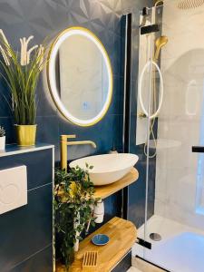 um banheiro com uma pia e um espelho em Lovely studio in the Heart of St Germain-des-Prés em Paris