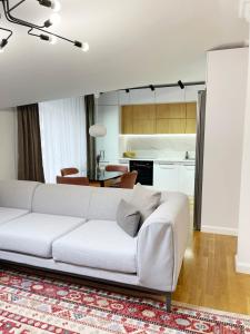 奇西瑙的住宿－Elegant and cosy apartment，一间带白色沙发的客厅和一间厨房