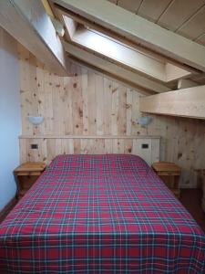 a bedroom with a bed in a room with wooden walls at Chalet Shalom in Livigno