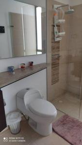 a bathroom with a white toilet and a shower at Casa de campo Villavicencio in Villavicencio