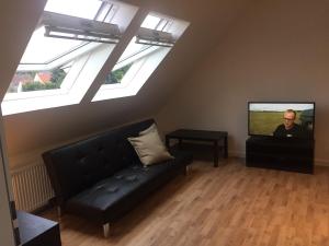 a living room with a couch and a flat screen tv at Bs Living Apartment in Braunschweig