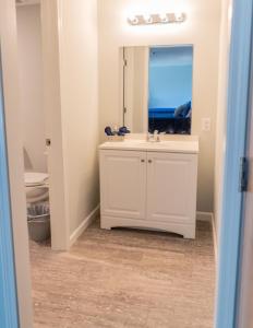 ein Badezimmer mit einem weißen Waschbecken und einem Spiegel in der Unterkunft Allen Lake Resort Richfield Springs Cooperstown in Richfield Springs