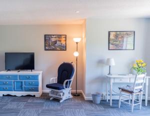 ein Wohnzimmer mit einem TV, 2 Stühlen und einem Schreibtisch in der Unterkunft Allen Lake Resort Richfield Springs Cooperstown in Richfield Springs