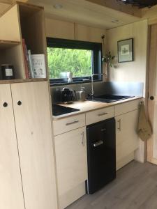 eine Küche mit einer Spüle und einem schwarzen Kühlschrank in der Unterkunft La tiny house de la Blandinière in Vertou