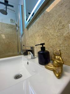 a bathroom sink with a soap dispenser on it at FeWo Max Nähe HUK, neu eingerichtet und renoviert in Coburg
