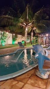 a dolphin water slide in a pool at night at Pousada Gostoso Village in São Miguel do Gostoso