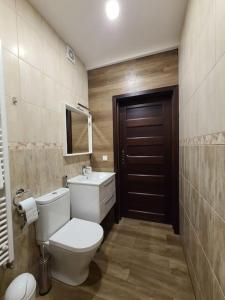 a bathroom with a toilet and a sink at Domek Bocianie Gniazdo in Stradomka