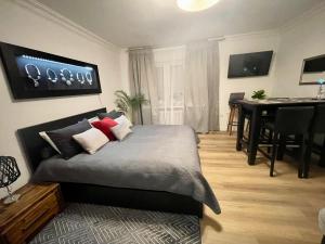 1 dormitorio con 1 cama y escritorio en una habitación en Tunnel Apartment - Nordbahntrasse, Kontaktloser Self-Check-in, Netflix, en Wuppertal