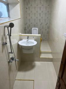 a small bathroom with a sink and a mirror at Bin Omar Malindi Apartment in Stone Town