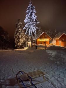 a bench in the snow in front of a christmas tree at Pohorje 11 in Hočko Pohorje