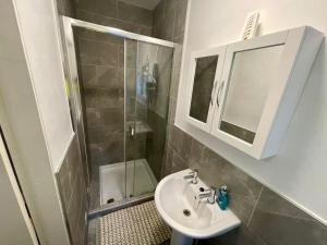 a bathroom with a sink and a shower at Self Contained 1 Bedroom Duplex in Leicester