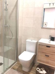 uma casa de banho com um WC, um chuveiro e um lavatório. em Duplex nueva construcción en Málaga-Centro em Málaga