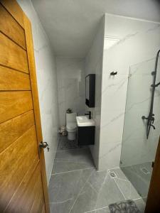 a bathroom with a toilet and a walk in shower at Oasis en la Sultana del Este in San Pedro de Macorís