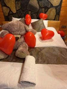 two beds with hearts and a stuffed animal on them at AYDER BUNGALOW - river view , Royal Bungalow Resorts in Çamlıhemşin