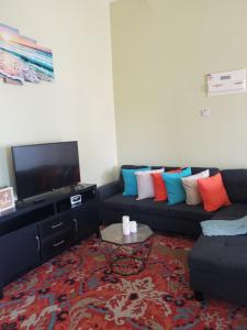 a living room with a couch and a flat screen tv at La Pelle in Soufrière