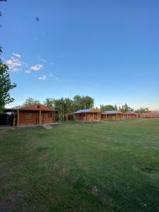 a group of brown buildings in a grass field at Cabañas EL SOLEADO in Zonda