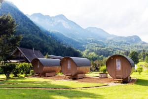 eine Gruppe von Cottages mit Bergen im Hintergrund in der Unterkunft 4 Elements Resort Bled in Bohinjska Bela