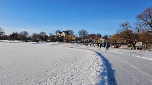 a group of people walking on a snow covered beach at Attic floor with views over fields and sea in Sigtuna