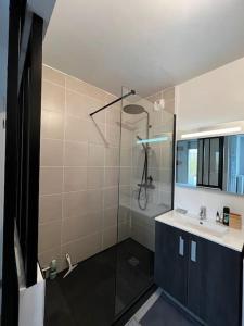 y baño con ducha acristalada y lavamanos. en Appartement lumineux Colombes JO 2024, en Colombes