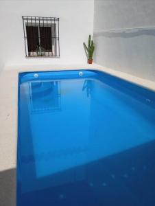una piscina azul en una habitación con ventana en Casa Rural - La Fresquita, en Castaño de Robledo