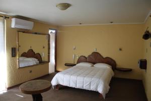 um quarto com uma cama, um espelho e uma mesa em Hotel-Alto Los Lirios em Rancagua