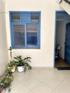 een huis met een blauwe deur en wat planten bij Casa no Santo Antônio in Salvador