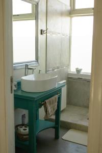 a bathroom with a white sink and a mirror at Villa de los Ñires in Ushuaia