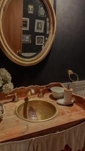 un lavandino da bagno con specchio su un bancone di Villa de los Ñires a Ushuaia
