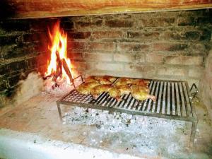 deux poulets couchant sur un grill dans un four en briques dans l'établissement dpto temporario, à Las Compuertas