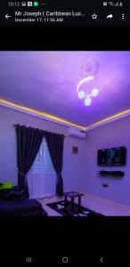 sala de estar con techo púrpura y mesa en D'EXQUISITE APARTMENTS, en Ibadán