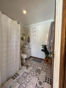 uma casa de banho com um chuveiro, um WC e um lavatório. em Fabulosa casa con tinaja en parcela Molco Alto em Molco
