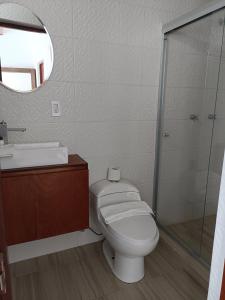La salle de bains est pourvue de toilettes, d'un lavabo et d'une douche. dans l'établissement Los Arcos Hottel Boutique, à Morelia