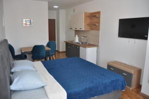 a bedroom with a bed with a blue blanket and a kitchen at Studio Sophia in Ohrid