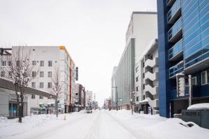 een met sneeuw bedekte straat in een stad met gebouwen bij ASCEND【2min from Asahikawa sta】 in Asahikawa
