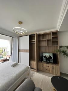 a bedroom with a bed and a flat screen tv at Comfy studio near yaya Kilimani in Nairobi
