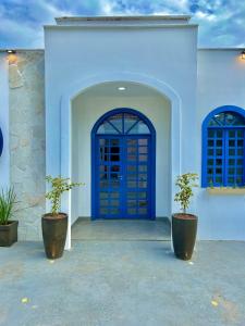 a blue door on a white building with two plants at Casa Grécia Pousada in Santo Amaro