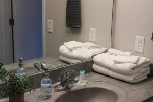een badkamer met een wastafel en een spiegel met handdoeken bij 4 mi to Jack Thrice Stadium + hot tub in Ames